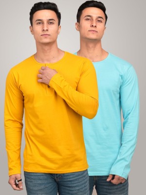 FERANOID Solid Men Henley Neck Blue, Yellow T-Shirt