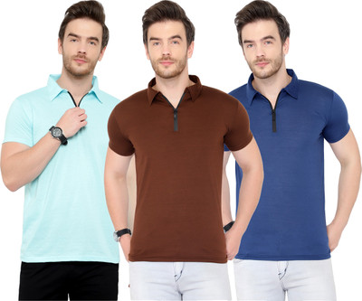 Tivy Solid Men Polo Neck Light Blue, Brown, Blue T-Shirt