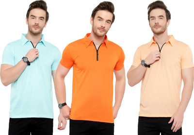 Moordale Solid Men Polo Neck Light Blue, Orange T-Shirt