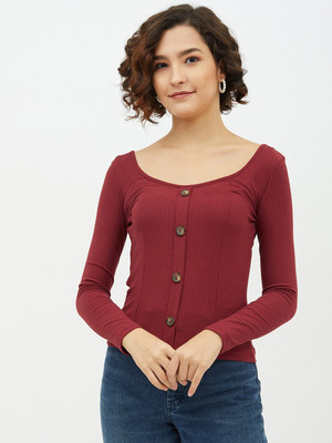 HARPA Casual 3/4 Sleeve Solid Women Maroon Top