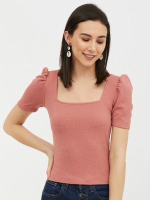 HARPA Casual Short Sleeve Solid Women Pink Top