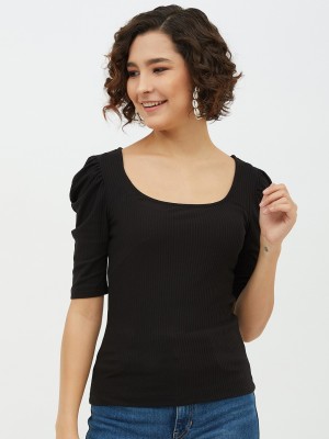 HARPA Casual Half Sleeve Solid Women Black Top