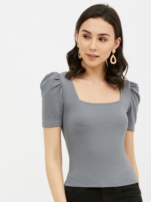 HARPA Casual Short Sleeve Solid Women Grey Top