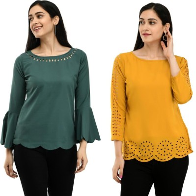 NOBEY Casual 3/4 Sleeve Laser Cut Women Dark Green, Yellow Top