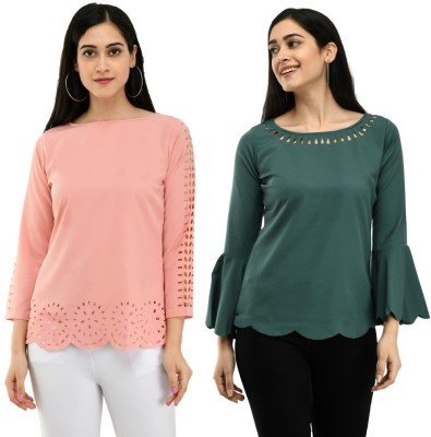 NOBEY Casual 3/4 Sleeve Laser Cut Women Dark Green, Pink Top