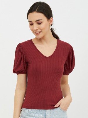 HARPA Casual Short Sleeve Solid Women Maroon Top