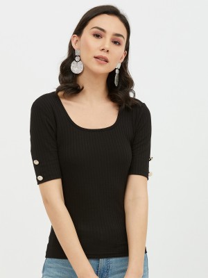 HARPA Casual Short Sleeve Solid Women Black Top