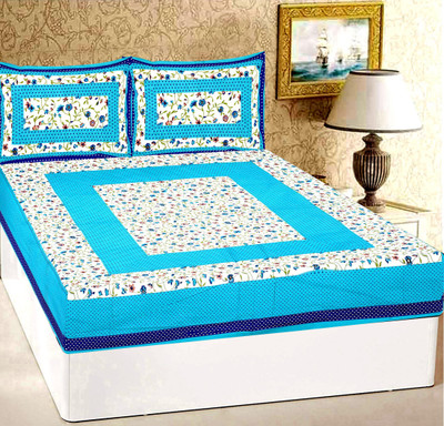 ETHNICO 104 TC Cotton Double Jaipuri Prints Flat Bedsheet(Pack of 1, Turquoise)