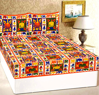 ETHNICO 104 TC Cotton Double Jaipuri Prints Flat Bedsheet(Pack of 1, Orange)