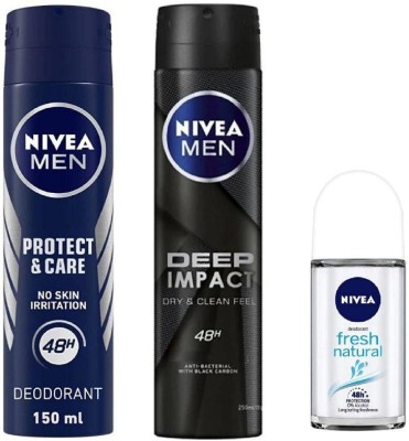 NIVEA Protect & Care Deo 150 Ml , Deep Impact Deo 150 Ml , Fresh Natural Roll On 50 Ml 164 Deodorant Spray  -  For Men & Women(350 ml, Pack of 3)