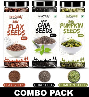 NutroVally Raw Chia Seeds, Flax Seeds, Pumpkin Seeds Combo Loaded with Omega 3, Zinc, Fiber, Calcium, Protein for weight loss, Healthy Heart and Boost Immunity seed for Eating Chia Seeds, Pumpkin Seeds, Brown Flax Seeds(600 g, Pack of 3)