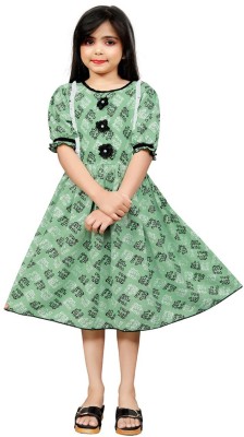 RK MANIYAR Baby Girls Midi/Knee Length Party Dress(Green, Half Sleeve)