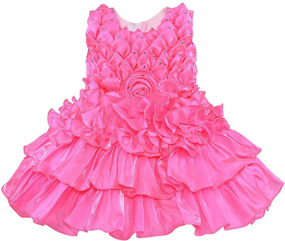 Wishkaro Girls Midi/Knee Length Party Dress(Pink, Sleeveless)