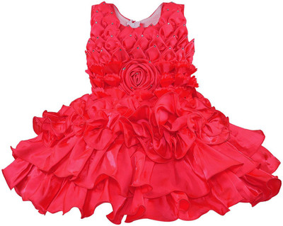 Wishkaro Girls Midi/Knee Length Party Dress(Red, Sleeveless)
