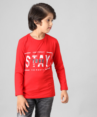 Trendy World Boys Typography, Printed Cotton Blend Regular T Shirt(Red, Pack of 1)