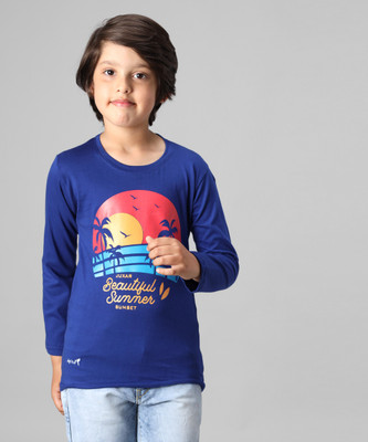 Trendy World Boys Typography, Printed Cotton Blend Regular T Shirt(Blue, Pack of 1)