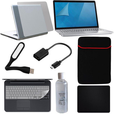 FineArts 8in1 Combo of Transparent Laptop Skin with Usb Led Light, Cleaning Kit, Mouse Pad, Key Guard, Micro Usb Otg Cable, Laptop Sleeve and Screen Guard for 15.6 inches Laptop Combo Set(transparent)