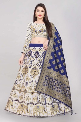 Divastri Self Design Semi Stitched Lehenga Choli(White, Gold, Blue)