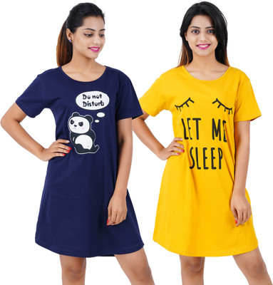 BEFLI Women Nightshirts(Blue, Yellow)