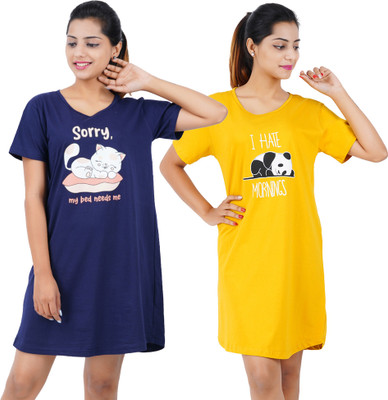 BEFLI Women Nightshirts(Blue, Yellow)
