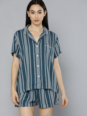 CHEMISTRY Women Teal Blue White Striped Night Suit, 1 Pc Women Striped Blue Top & Shorts Set