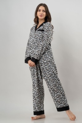 PRETTY LOVING THING Women Animal Print White Shirt & Pyjama set