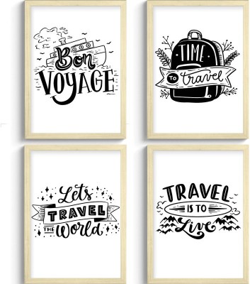 SC CREATIVES Set of 4 Calligraphic Travel Quotes Framed Art Prints Painting with Plexi Glass Wall Art Gift Posters for Wall Decor Wall Hangings - Wooden Frame | Ready To Hang Digital Reprint 12 inch x 9 inch Painting(With Frame, Pack of 4)