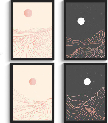 SC CREATIVES Set of 4 Minimalist Mid Mountain Line Framed Art Prints Painting with Plexi Glass 12 x 9 Inches Wall Art Gift Posters for Wall Decor Wall Hangings - Black Frame | Ready To Hang Digital Reprint 12 inch x 9 inch Painting(With Frame, Pack of 4)