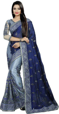 Gymfy Embroidered Bollywood Net Saree(Dark Blue)