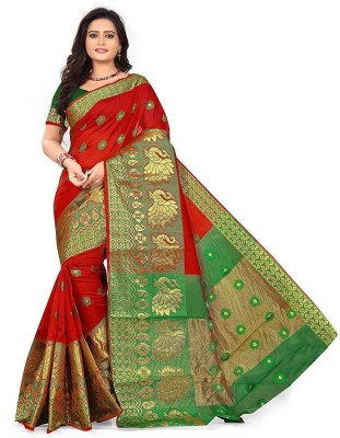 omkar fab Woven Banarasi Silk Blend, Cotton Silk Saree(Red)