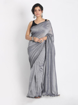 sourav biswas Solid/Plain Handloom Pure Cotton Saree(Grey)