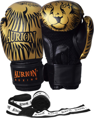 Aurion by 10Club Molded Faux Leather Boxing Gloves for Muay Thai Kickboxing MMA with Hand wrap 176" Boxing Gloves(Golden, Black)