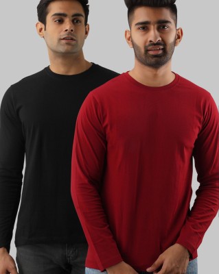 Smookyarora Solid Men Round Neck Maroon, Black T-Shirt