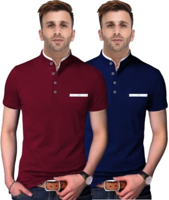 FastColors Solid Men Mandarin Collar Blue Maroon T-ShirtPack of 2