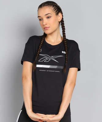 REEBOK Printed Women Round Neck Black T-Shirt