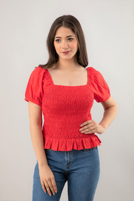PRETTY LOVING THING Casual Puff Sleeve Solid Women Red Top