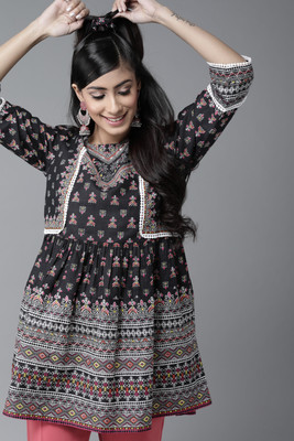Juniper Casual 3/4 Sleeve Printed Women Black Top