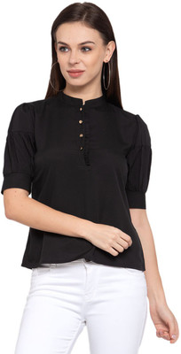 Style Quotient Casual Puff Sleeve Solid Women Black Top