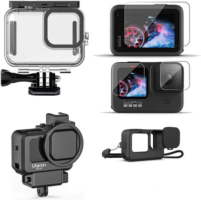 Hiffin HF Accessories Kit for Go Pro Hero 9 Black with Protective Housing + Ultra Clear Tempered Glass Screen Protector + Lens Protector + HD Front Display Lens Protector + Silicone Case Underwater Camera Housing(0 m)