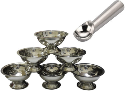 20% OFF on Dynore 6 piece Ice-cream Cups set with heavy gauge ice cream scoop Stainless Steel Dessert Bowl(Steel, Pack of 7)