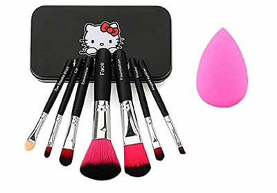 Detak 7pc Kitty Makeup Brush Set Metal + 1 Makeup Blender Puff(8 Items in the set)