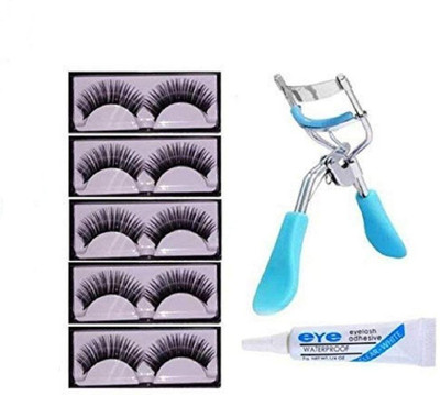 Cosmetically Fashion 5 False Eyelashes 1 curler 1 Glue(Pack of 7)