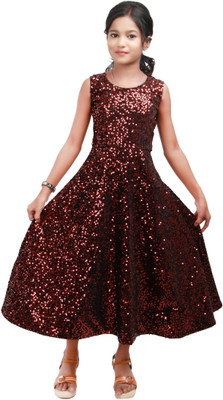 MUMMASCHOICE Girls Maxi/Full Length Party Dress(Maroon, Sleeveless)
