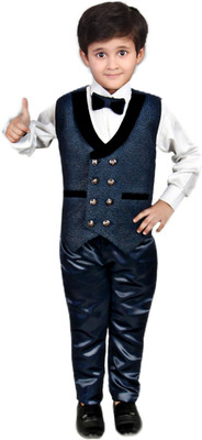 fab fashions Boys Festive & Party Shirt, Waistcoat and Pant Set(Blue Pack of 1)