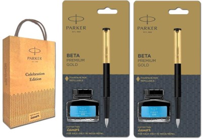 PARKER Beta Premium Fountain Two Pen with Quink Blue Ink Bottle Fountain Pen(Pack of 2, Ink Color - Blue)