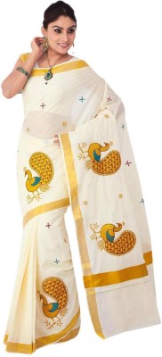 RSV FABRICS Printed Kasavu Cotton Blend Saree(Beige)