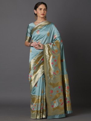 BOVTY Printed Banarasi Jacquard, Cotton Silk Saree(Light Blue)