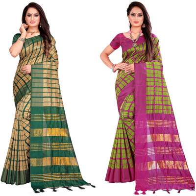PRIYANSH CREATION Checkered Daily Wear Cotton Silk Saree(Pack of 2, Multicolor)