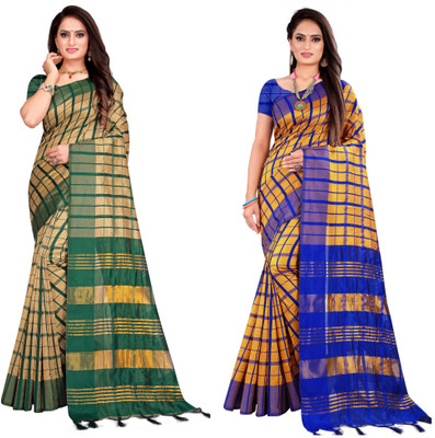 PRIYANSH CREATION Checkered Daily Wear Cotton Silk Saree(Pack of 2, Multicolor)