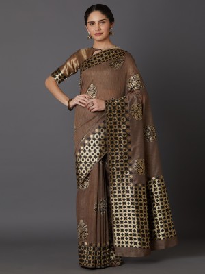 BOVTY Printed Banarasi Jacquard, Cotton Silk Saree(Brown)